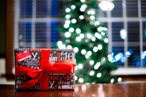 Christmas Present sitting in front of a Christmas Tree