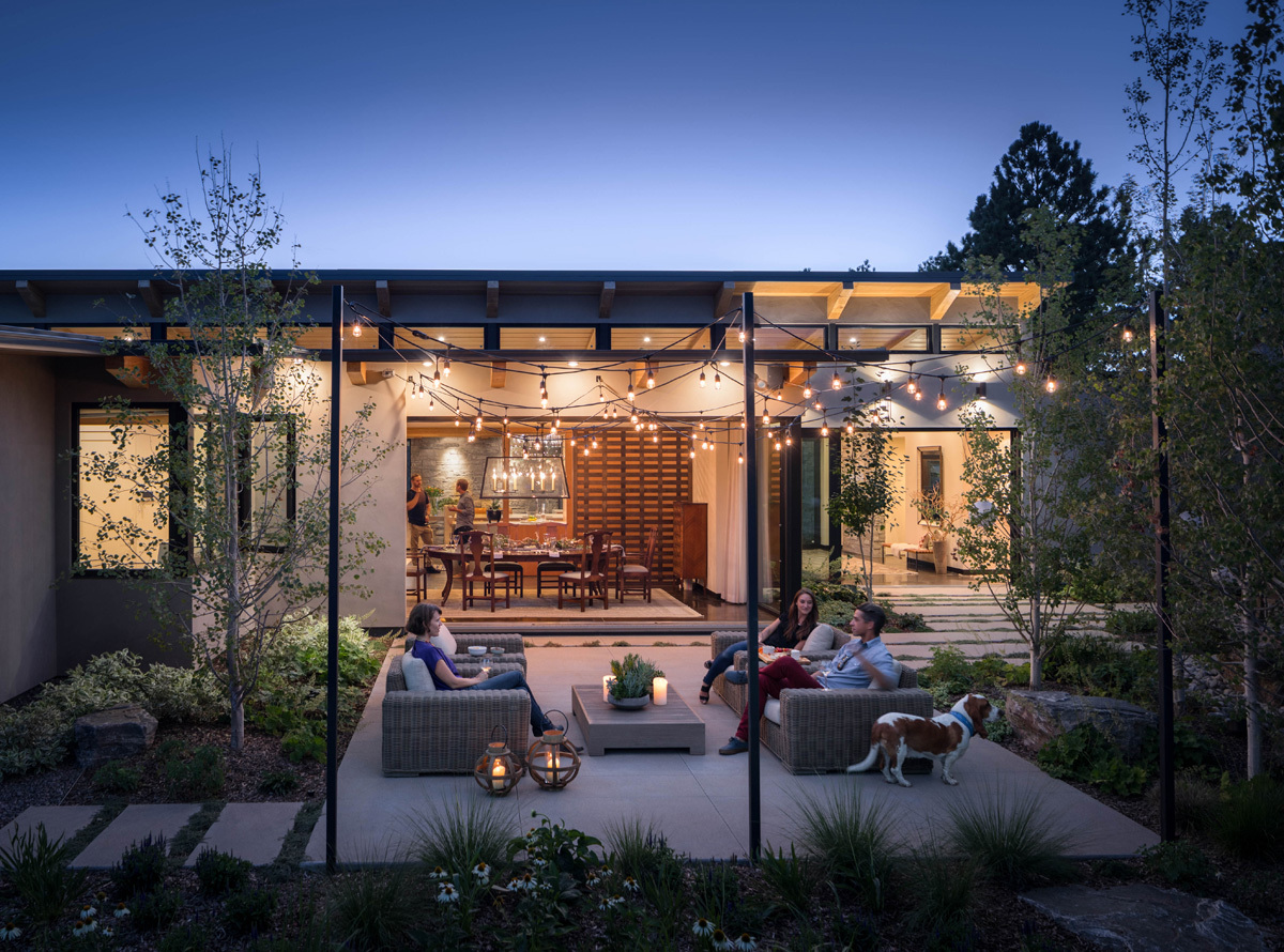 Outdoor patio area with lights and candles